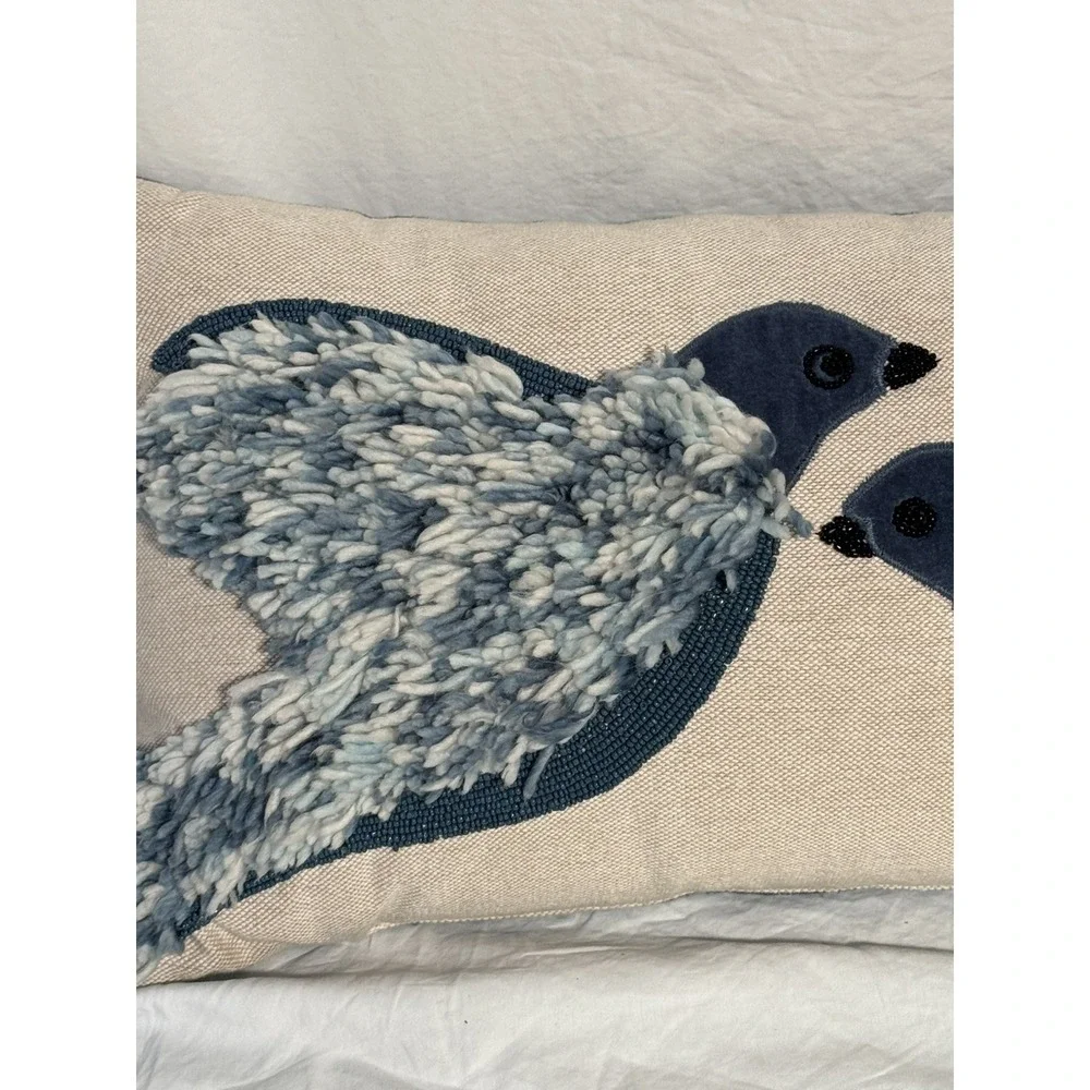Blue Birds Accent Throw Pillow Beaded & Tassels Great Condition